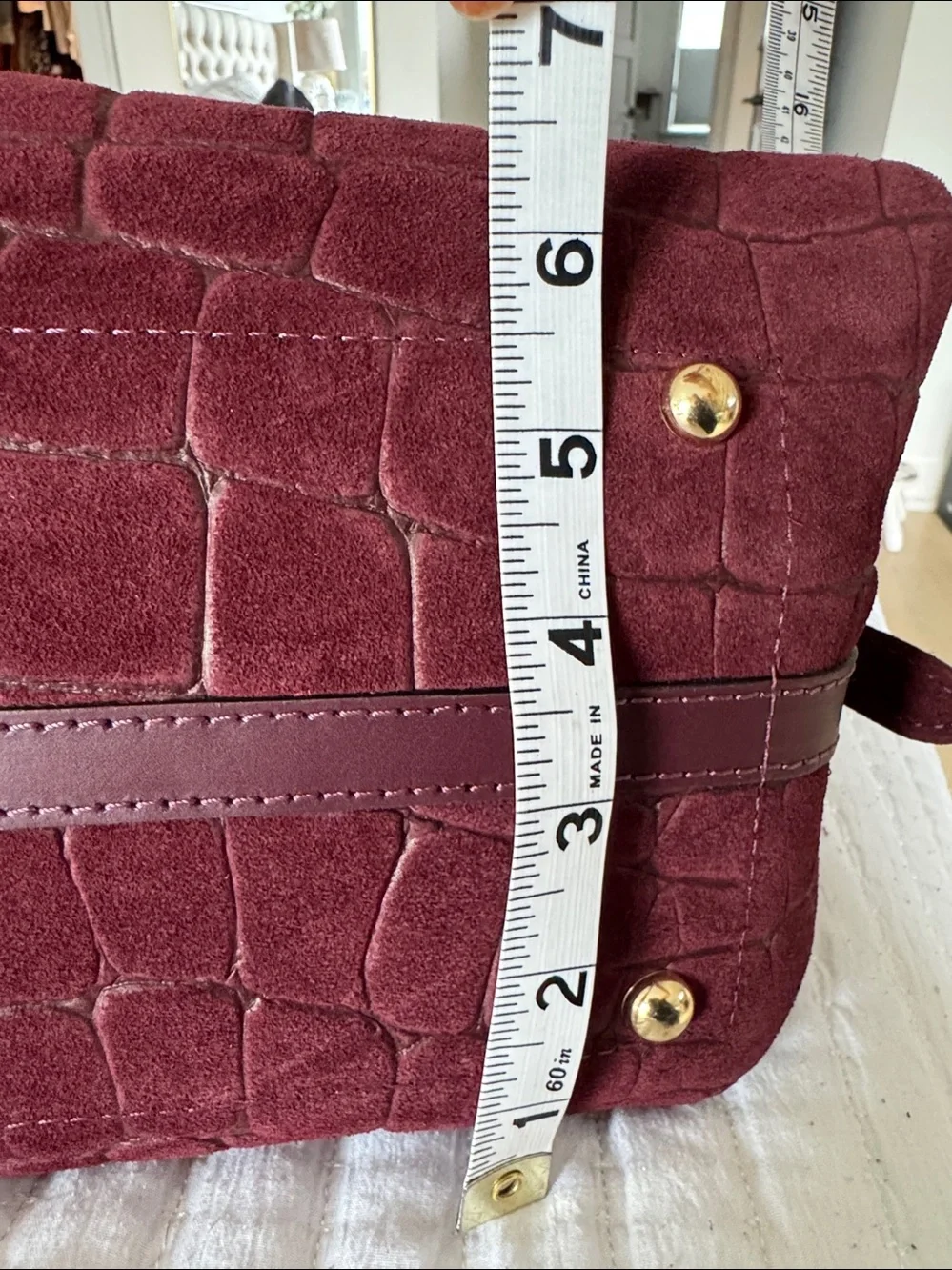Structured Croc-Embossed Burgundy Suede Top-Handle Satchel